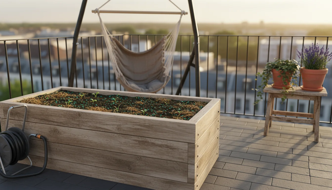 Large wooden planter box on a patio with tilled soil showing organic matter, a wooden stake reading