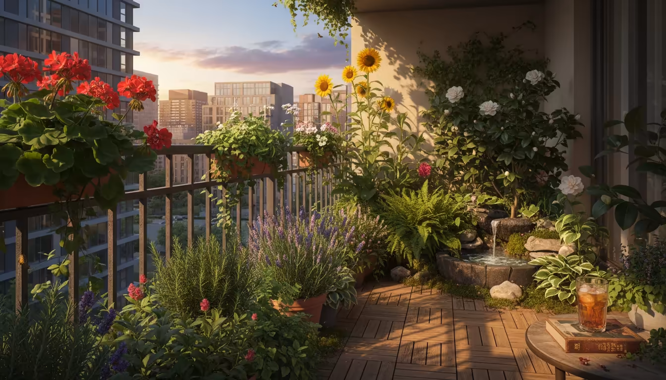 Late afternoon sun casts long shadows across a lush urban balcony garden, highlighting zones of sun and shade among potted herbs, flowers, and a verti