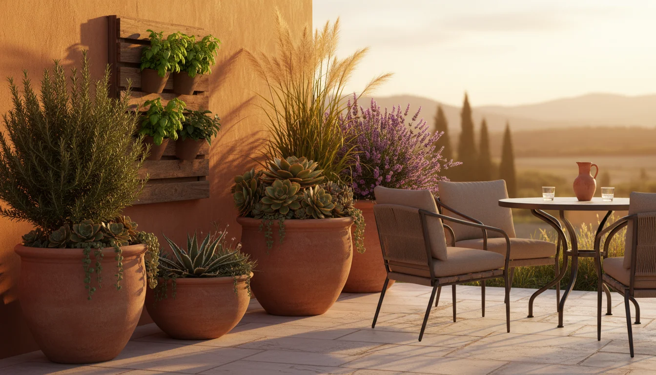 Late afternoon sun illuminates a patio corner. Terracotta pots with succulents, ornamental grasses, and lavender are in direct sun. A tall rosemary bu