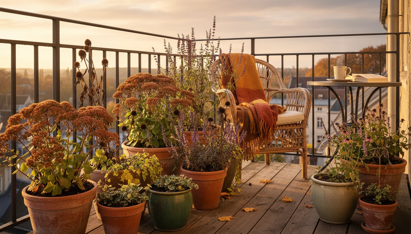 Late afternoon sun illuminates a small balcony garden, showcasing container plants with dried sedum and coneflower seed heads, naturally unpruned for 