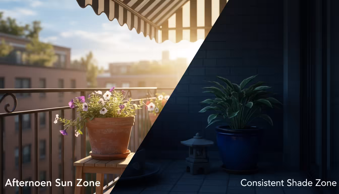 Late afternoon sun intensely illuminates an urban balcony, showing distinct zones of bright sun, deep shade, and transitional light on container plant