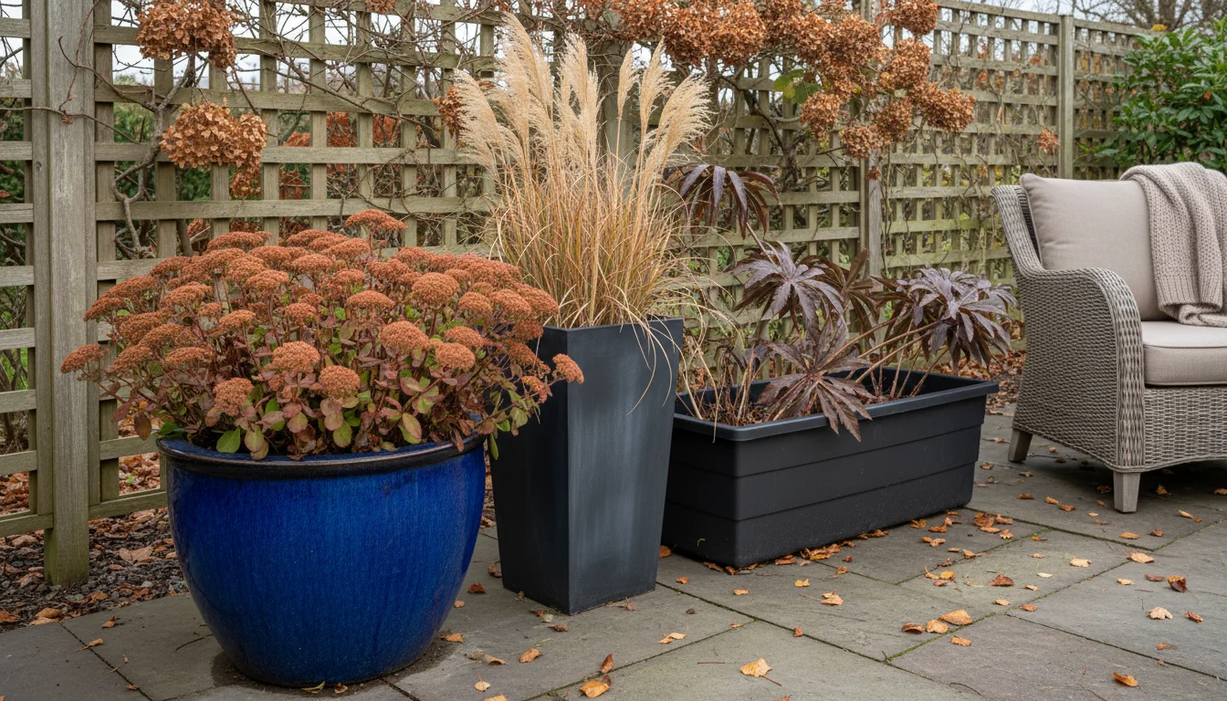 Late autumn patio with durable, frost-resistant pots. Dried sedum, ornamental grass, and marigold seed heads offer extended seasonal interest.