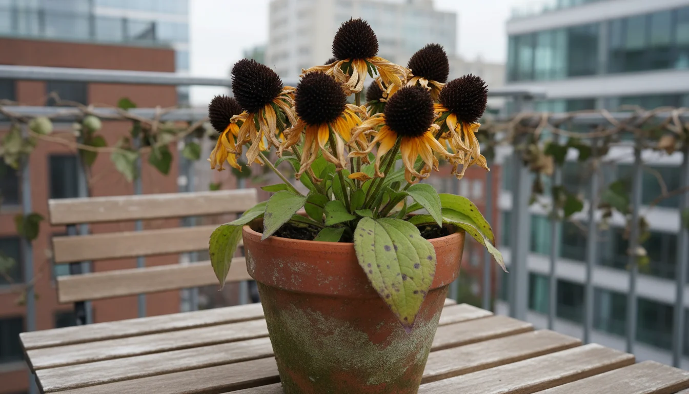 Late autumn Rudbeckia with dried petals and dark seed heads in a terracotta pot on a balcony table.