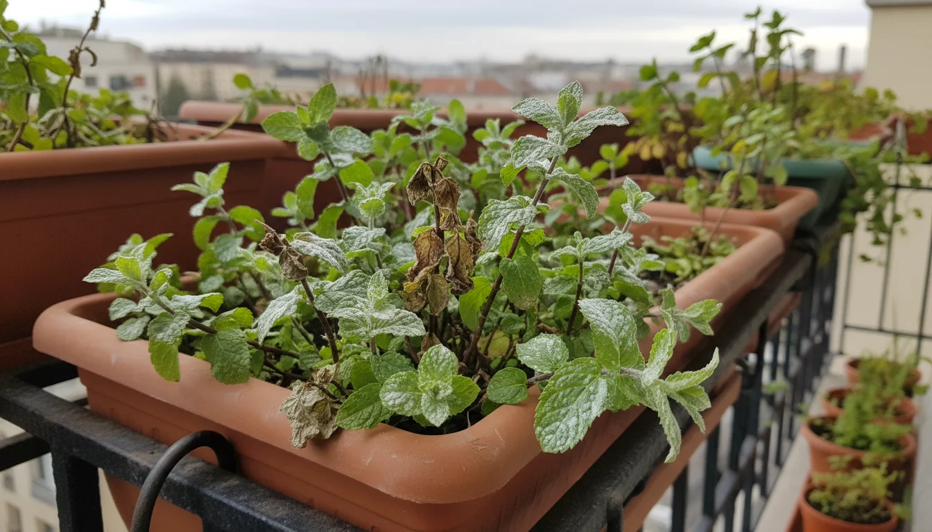 Medium shot of late-season mint leaves in a balcony planter box, some showing dusty white powdery mildew and brown shriveled edges.