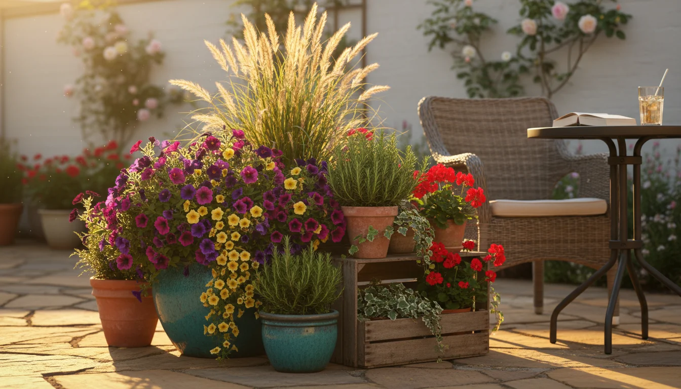 A layered arrangement of container plants on a patio, showing tall ornamental grass, colorful petunias, and trailing thyme in various pots.