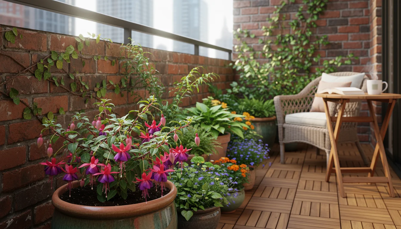A layered balcony garden with a fuchsia in the foreground, creating depth with varied pots and a vertical planter on a brick wall.