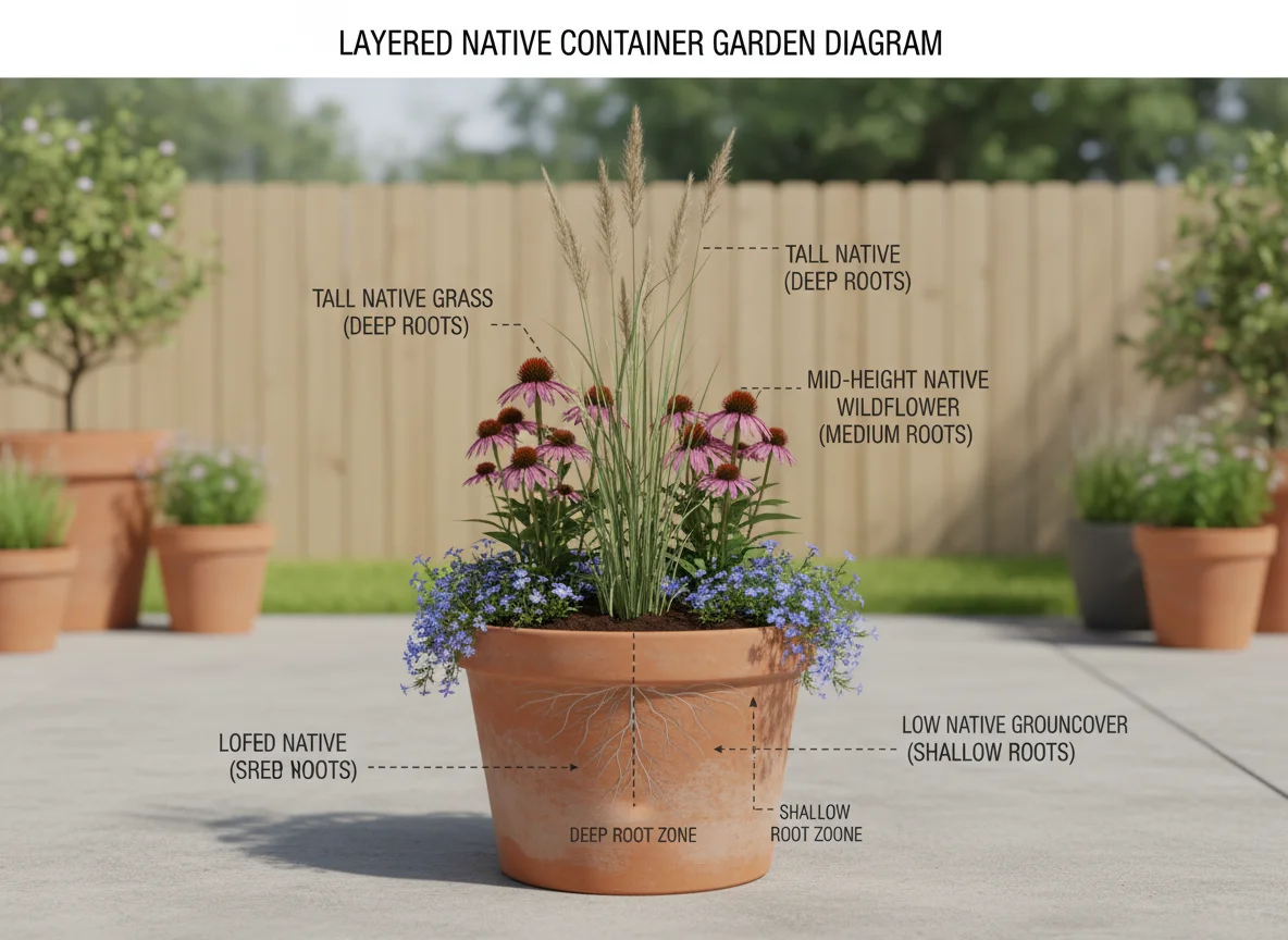 Layered container diagram: Tall grass, wildflower, & groundcover in pot. Labels indicate plant height & root depth. On patio.