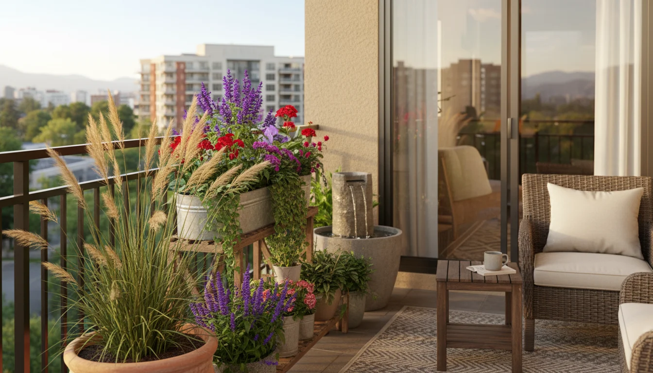 A layered container garden on a balcony corner, showing tall ornamental grass as an outer windbreak, medium plants behind it, and delicate herbs shelt