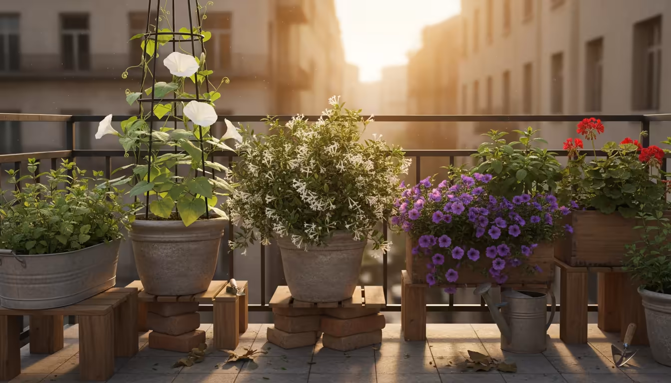 Layered container garden on a balcony at golden hour, featuring Moonflower on a trellis, Night Blooming Jasmine, Four O'Clocks, and Night Scented Stoc