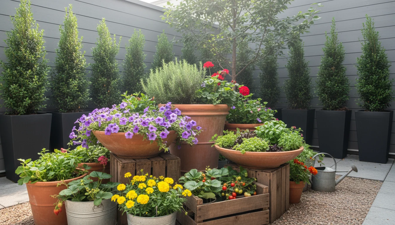 Layered container garden on a small patio with tall background shrubs, mid-ground grasses, and cascading foreground plants creating visual depth.