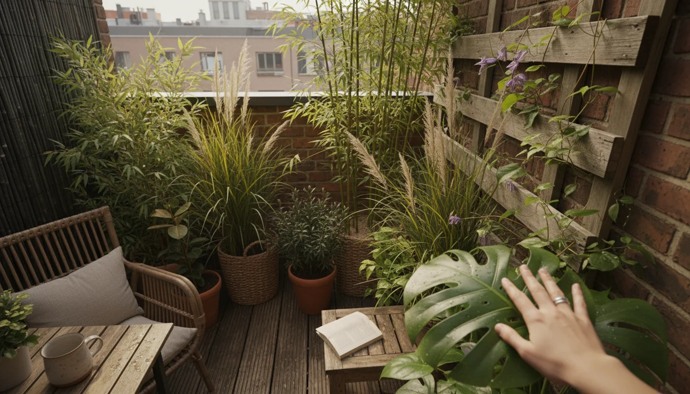 Layered container plants – ornamental grasses, bamboo, clematis on a vertical planter – forming a privacy screen in a small patio corner.