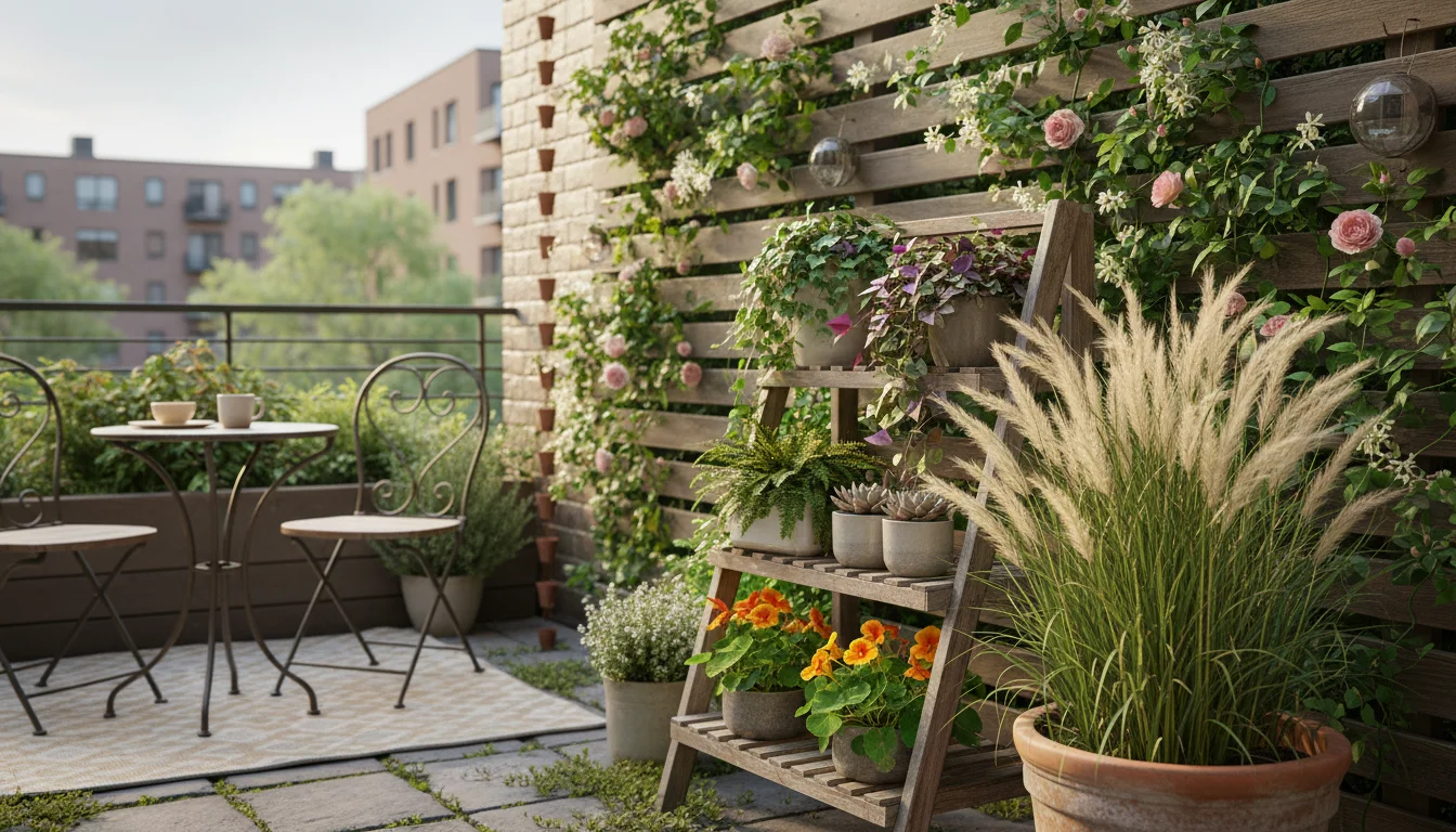 Eye-level view of a layered privacy screen on a small urban patio, featuring a tall ornamental grass, a tiered plant stand with various foliage, and a