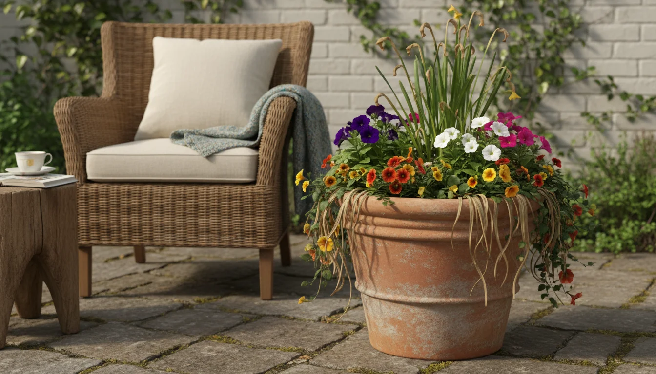 Layered terracotta planter on a small patio shows fading spring bulbs and emerging vibrant annuals, maximizing space utility.