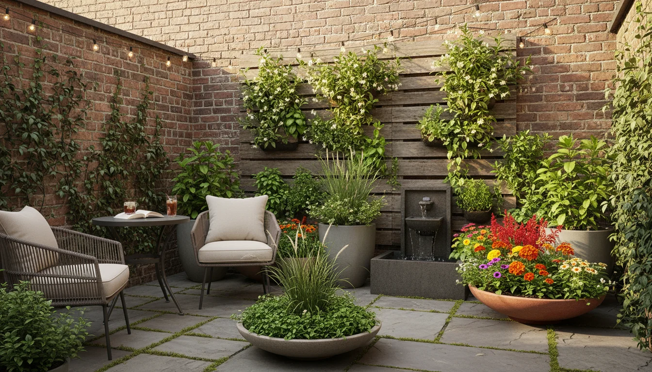 Layered urban patio garden showing low groundcover, medium ornamental grass and flowers, and tall olive tree with climbing jasmine on a trellis.