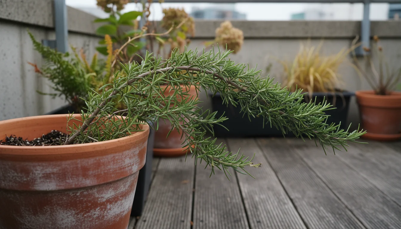 A leaning rosemary plant in a terracotta pot on a wooden balcony, its stem bent and leaves slightly torn, under a grey, overcast sky.