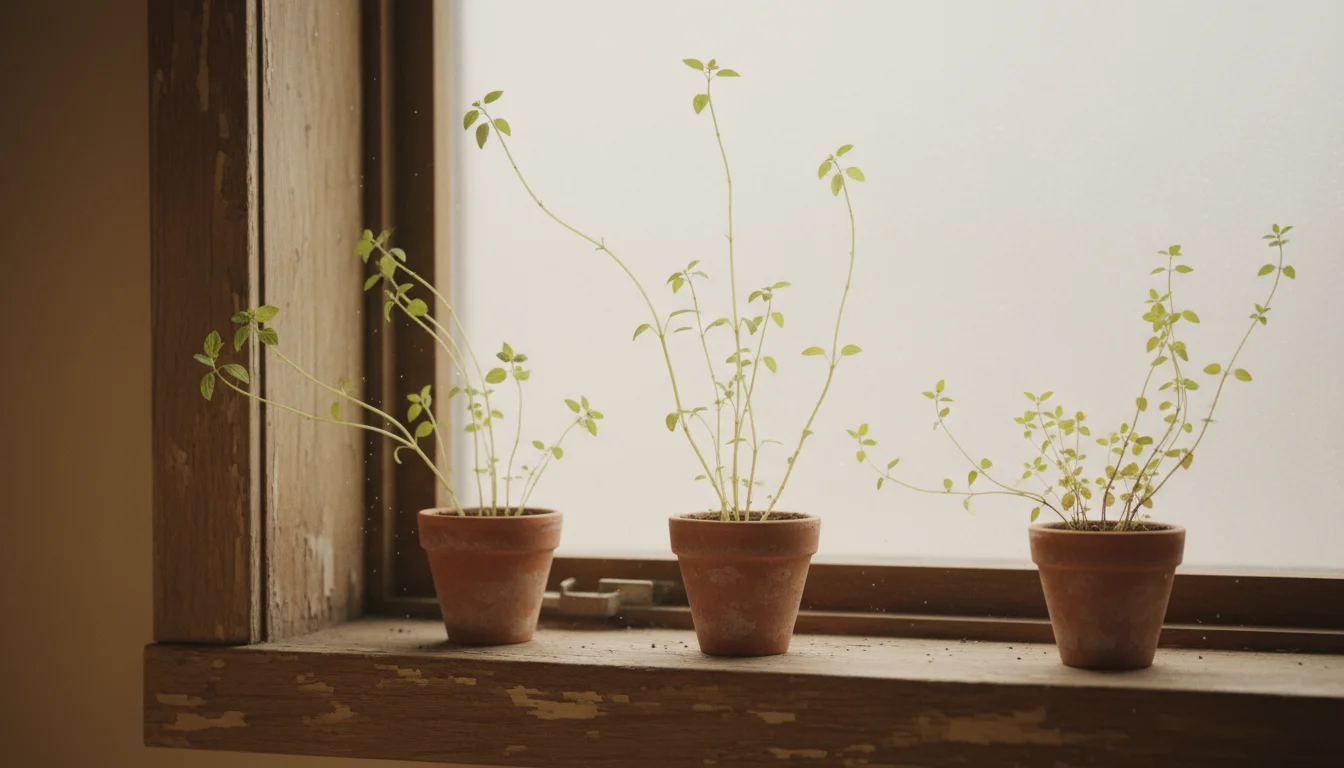 Leggy basil, mint, and oregano plants in terracotta pots on a windowsill, showing thin, stretched stems and sparse leaves from low light.