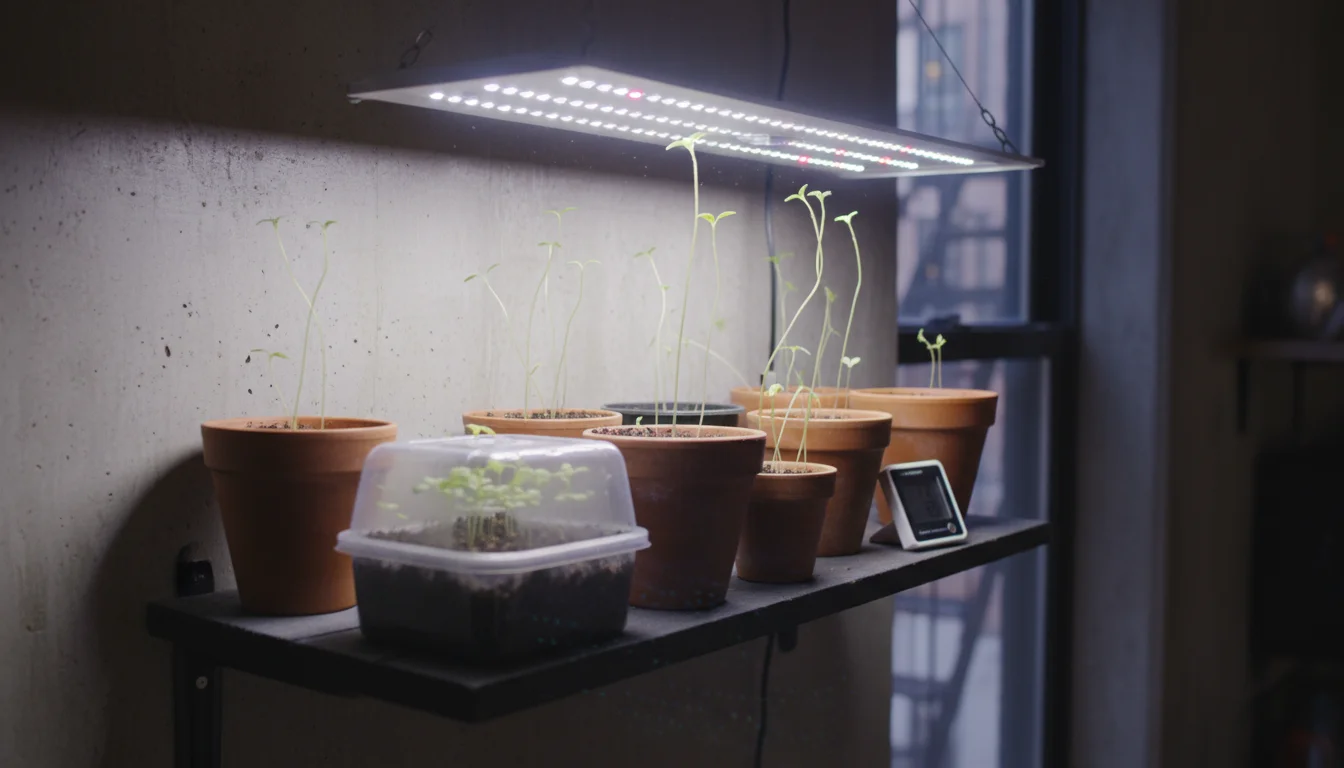 Leggy basil and pepper seedlings stretching under a bright T5 fluorescent grow light on a narrow indoor shelf in an apartment.