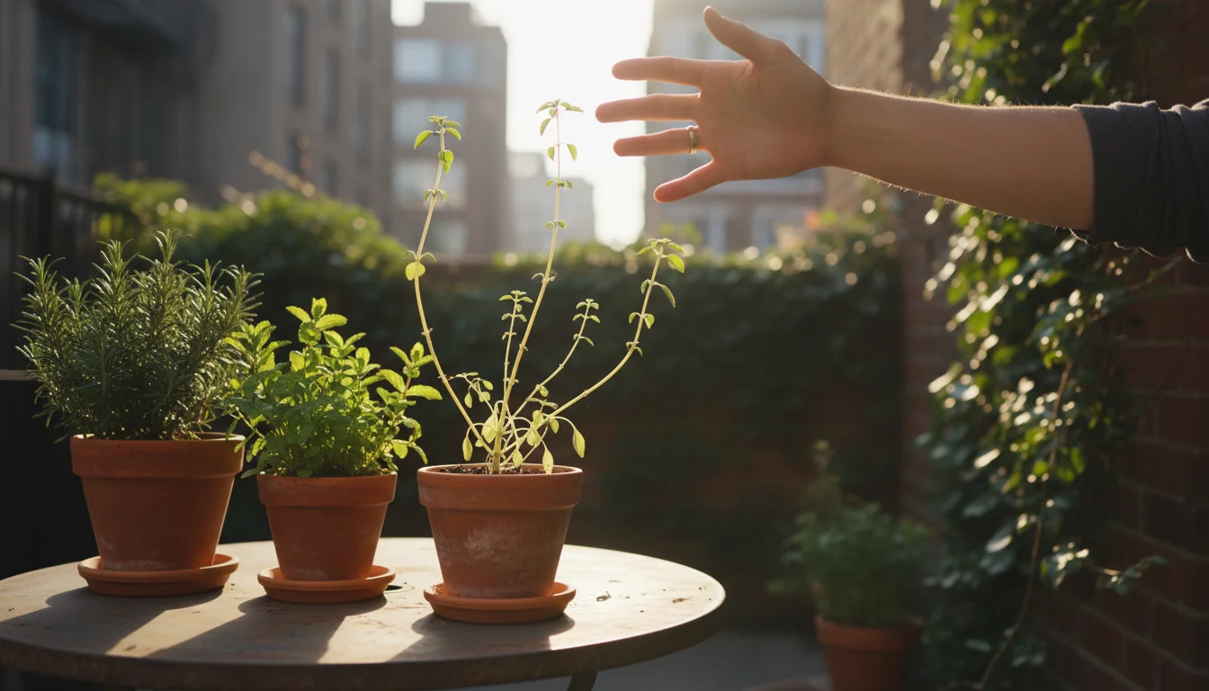 A leggy basil plant with sparse leaves on elongated stems, growing in a terracotta pot on a small patio table. A hand hovers above it.
