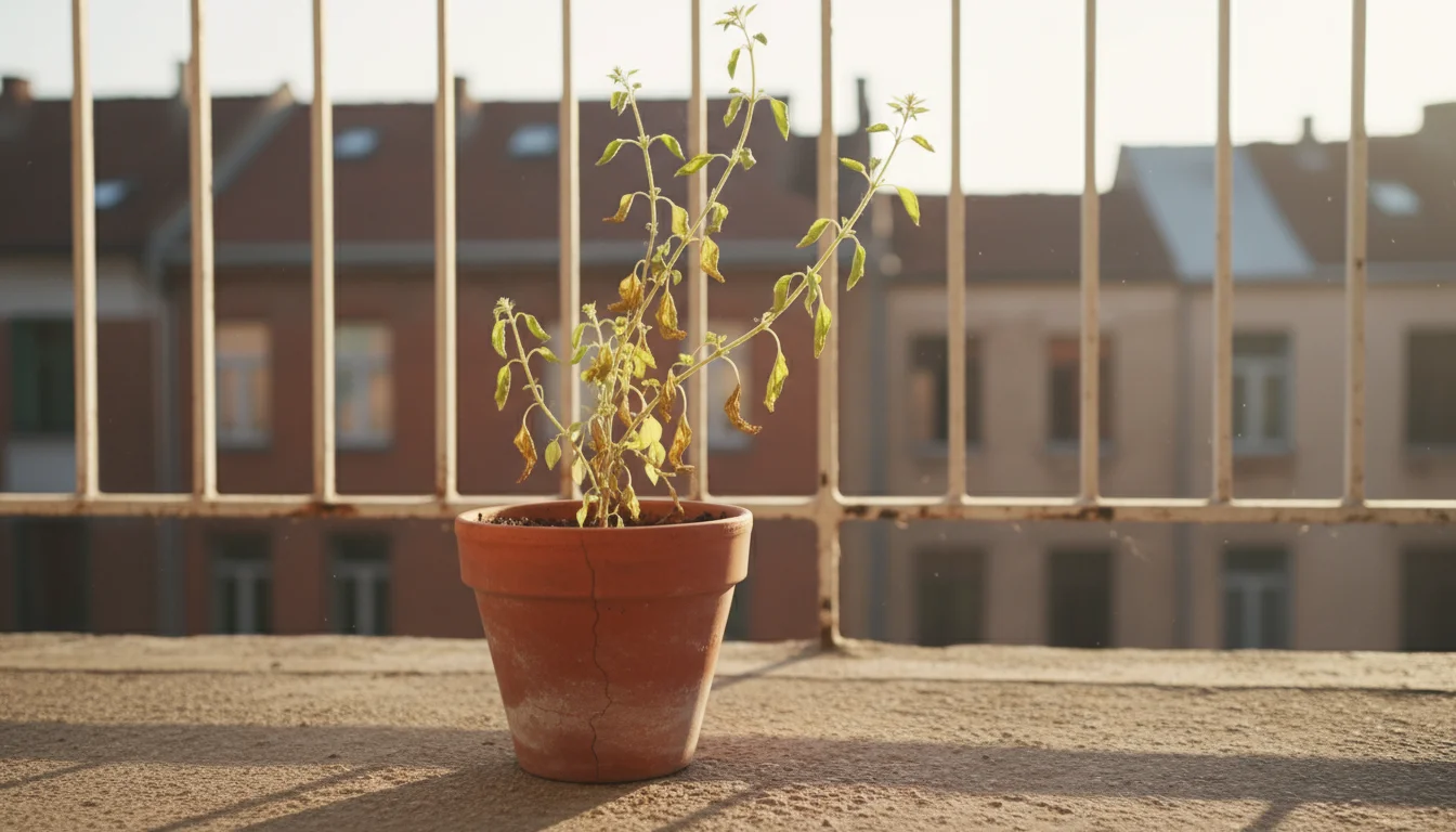 A leggy basil plant in a terracotta pot on a balcony, its lower leaves shriveled and yellow, showing nutrient deficiency.
