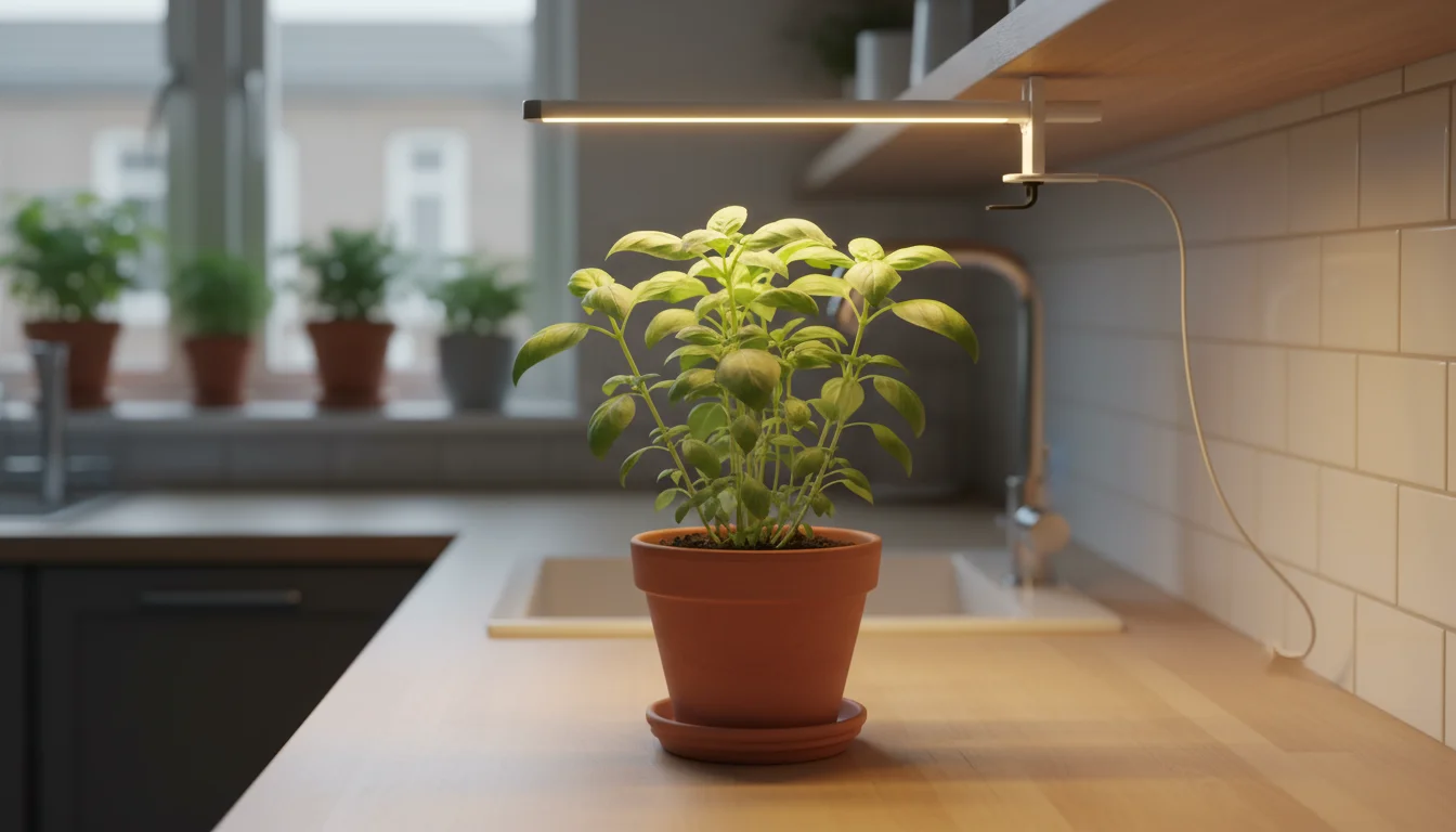 A slightly leggy basil plant in a terracotta pot with a slim, warm-white LED grow light positioned above it on a kitchen counter.
