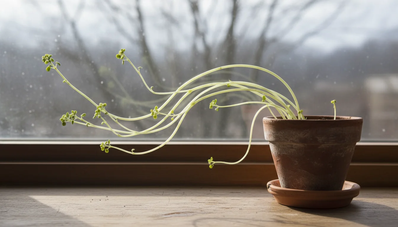 Leggy basil plant in a terracotta pot on a windowsill, with long, pale stems reaching for light.