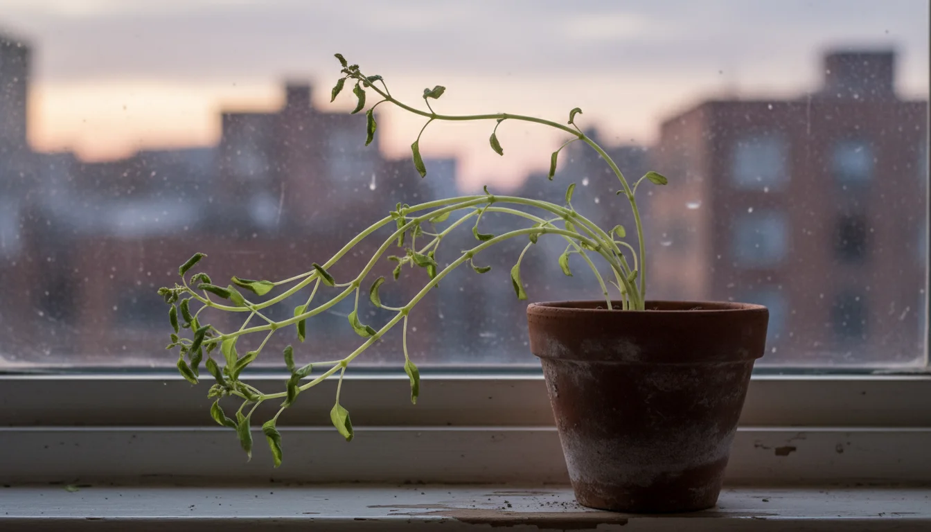 A leggy basil plant in a terracotta pot on a windowsill, with pale, thin stems stretching and sparse leaves.