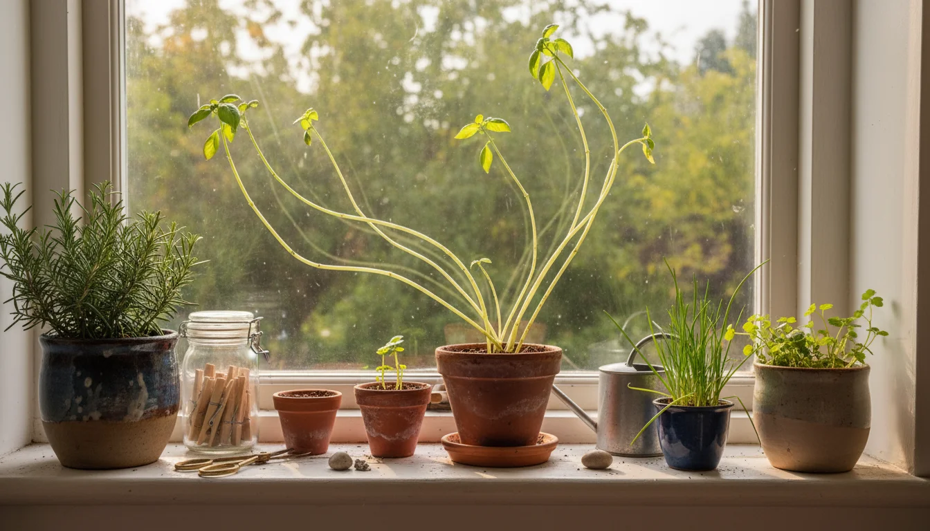A leggy basil plant and yellowing cilantro plant sit on a bright windowsill, illustrating common indoor herb care mistakes.