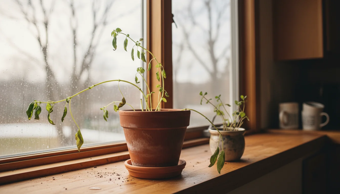 Leggy basil and sparse mint plants in pots on a windowsill with slight window condensation, showing winter conditions.