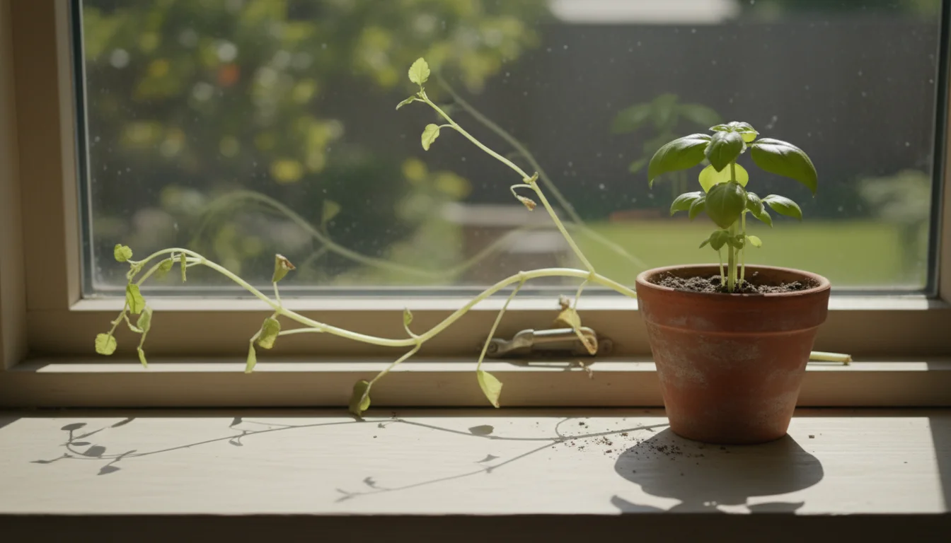 A leggy coleus plant with pale, stretched stems reaches towards a sunlit window, next to a stunted basil plant with dull, yellowish leaves on a window