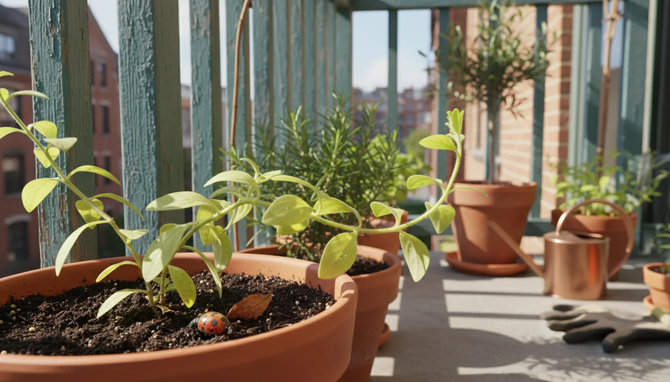 Leggy container plant with tender new growth on an urban balcony, a bag of balanced fertilizer nearby, hinting at over-fertilization.