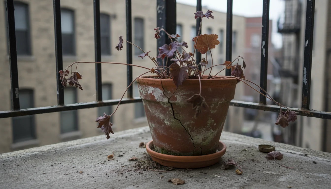 A leggy, dull purple Heuchera plant in a terracotta pot on a shaded urban balcony corner, reaching for light.