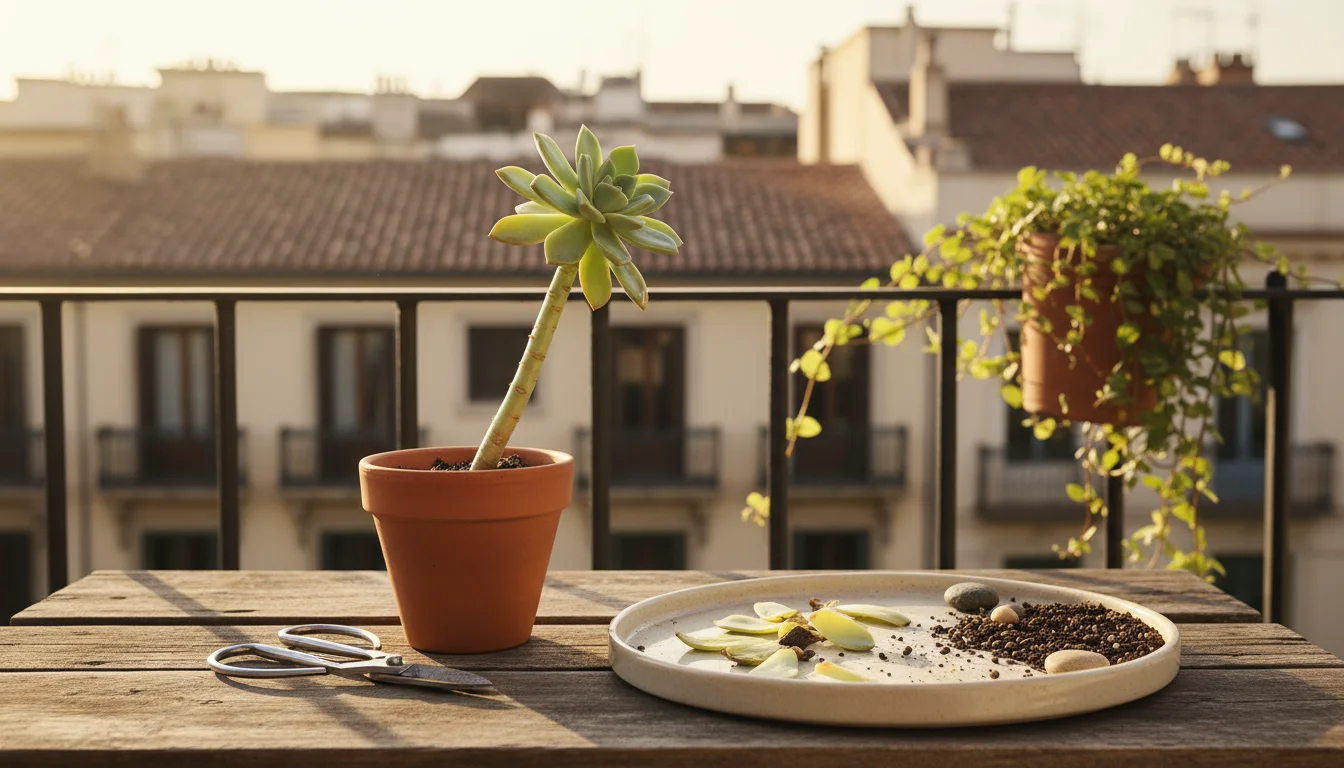 Leggy Echeveria succulent in a terracotta pot next to gardening snips and freshly cut rosettes on a propagation tray on a balcony.
