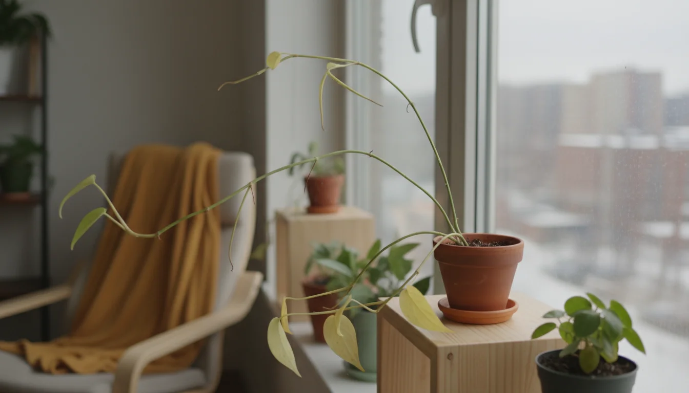 A leggy Heartleaf Philodendron plant with yellowing lower leaves stretching towards a window on a rustic wooden shelf.