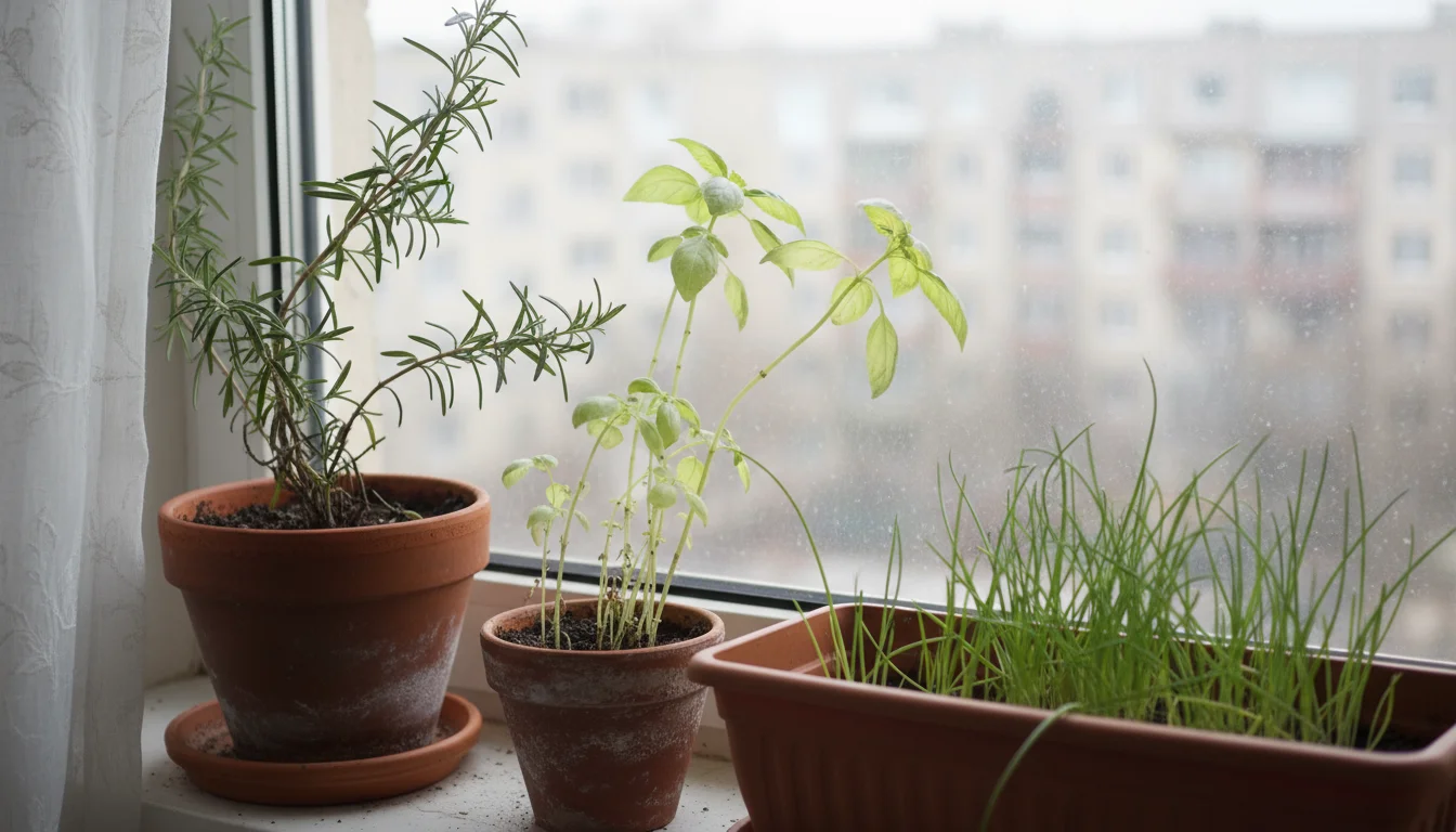 Leggy indoor herbs like rosemary, basil, and chives in pots on a windowsill, stretching toward weak winter light through a frosted window.