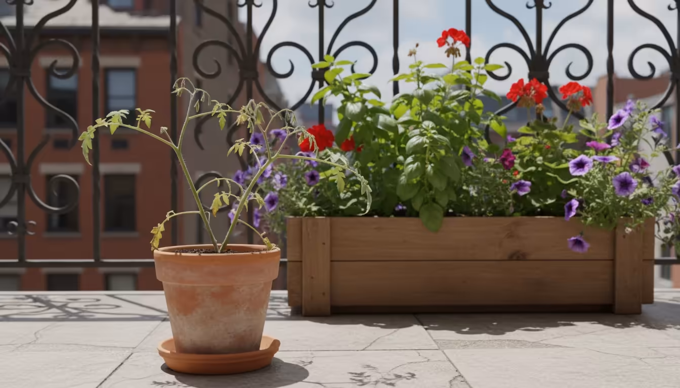 A leggy micro-tomato plant with thin stems and sparse leaves in a terracotta pot, situated in a shaded balcony corner, with bright sun in the backgrou