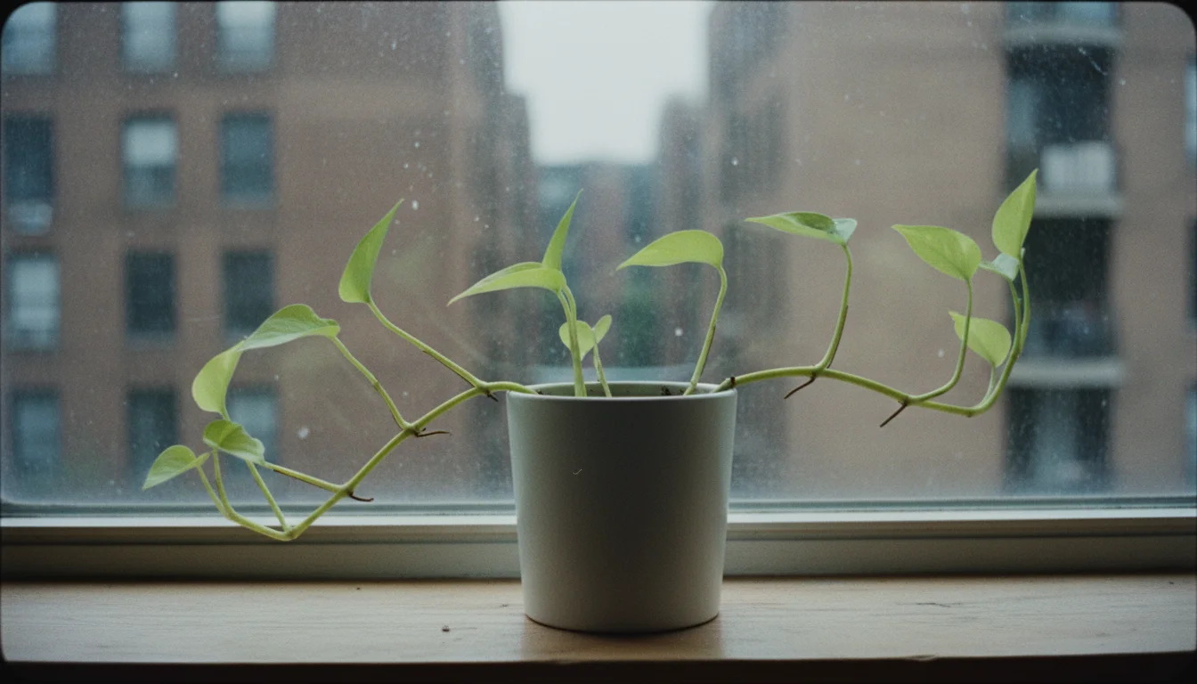 A leggy Neon Pothos plant with small, sparse leaves stretches towards dim light on an urban windowsill.