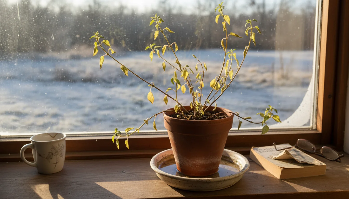 A leggy, pale fuchsia plant in a terracotta pot on a cluttered windowsill indoors, with a frosty winter view outside.
