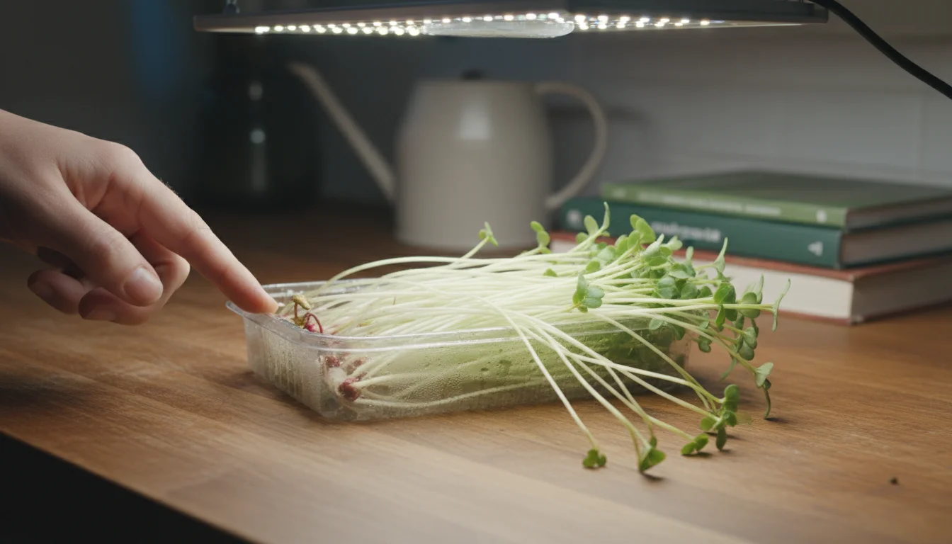 Leggy, pale green radish microgreens stretching from a tray on a kitchen counter, with a human hand lowering an overhead LED grow light closer to them