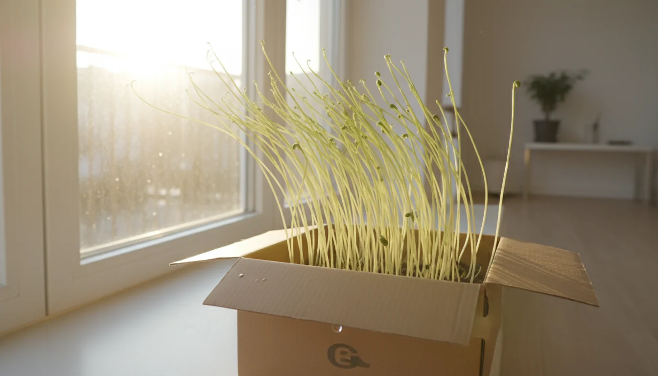 Leggy, pale green seedlings in a repurposed shoebox planter on a clean apartment windowsill, dramatically stretching towards a bright south-facing win