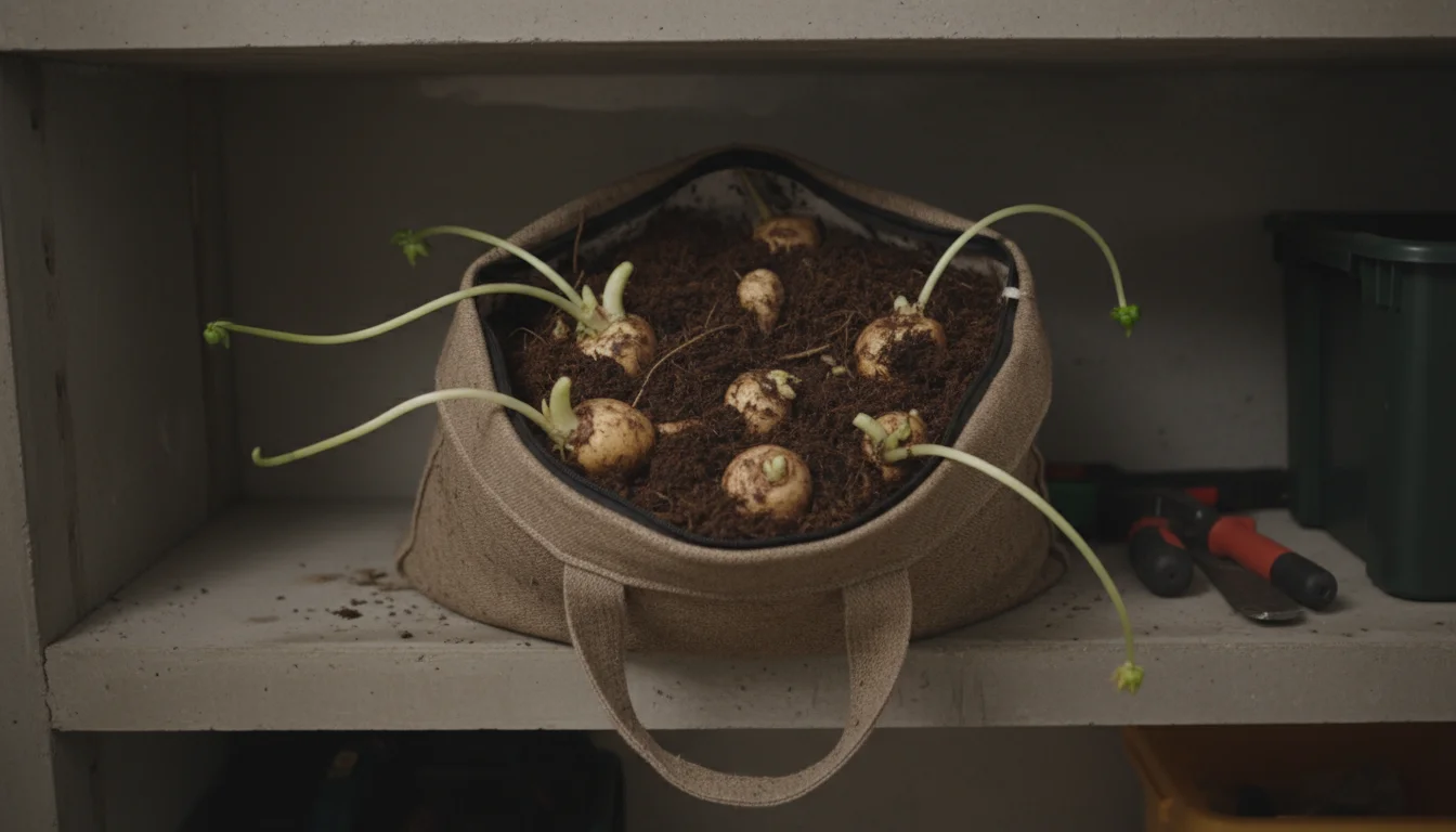 Leggy, pale sprouts emerge from dahlia or canna tubers stored in a breathable fabric bag on a concrete utility shelf in a dimly lit garage.