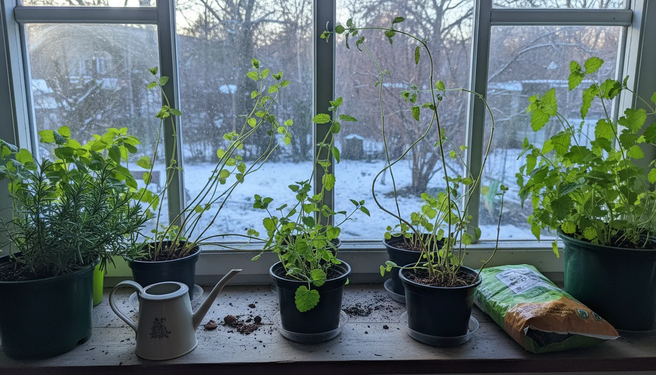 Leggy peppermint and lemon balm plants on a windowsill, stretching towards a bright winter window. Small pruning shears rest nearby.