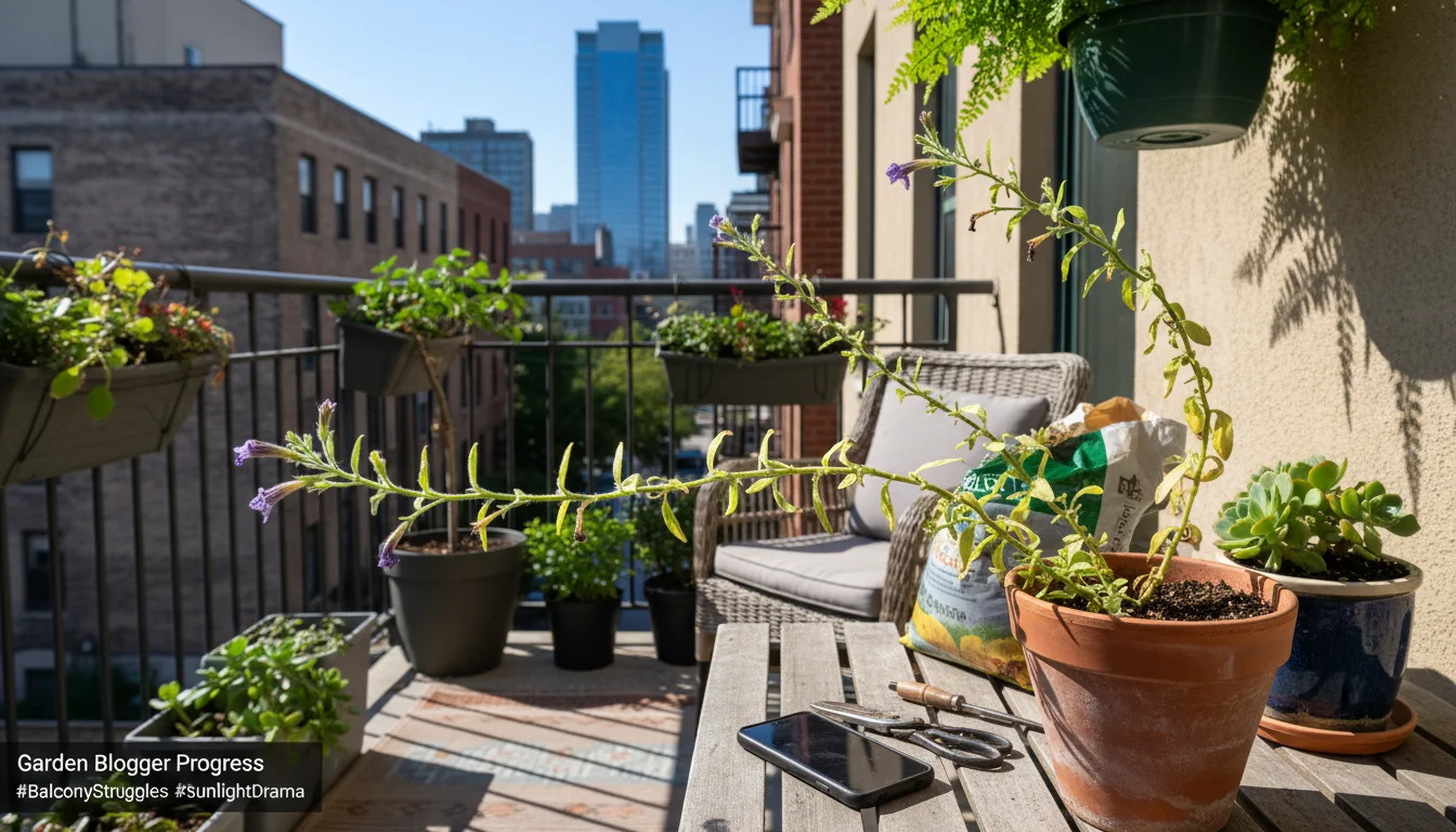 Leggy petunia annuals with long, sparse stems stretching towards light in a terracotta pot on an urban balcony patio.