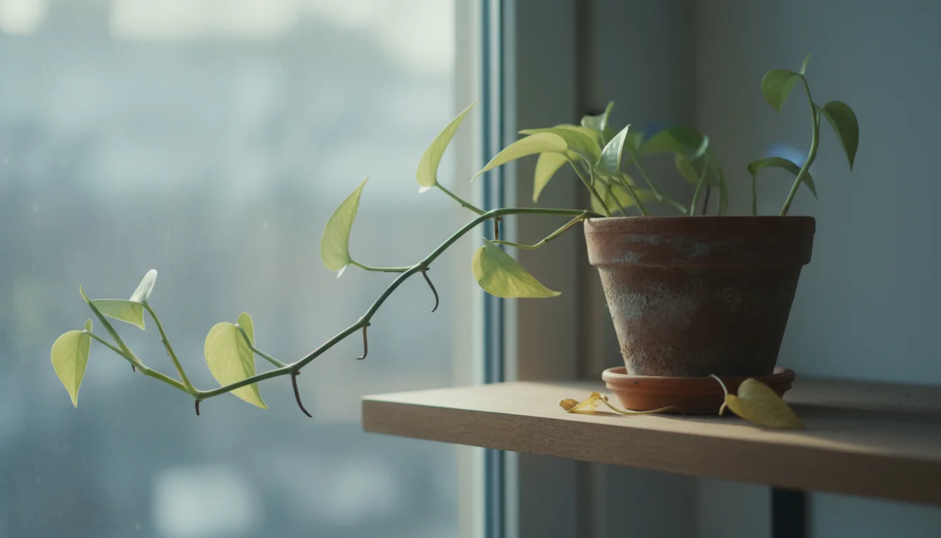Leggy Pothos plant in a terracotta pot on a shelf, stretching towards a dimly lit window, showing signs of low-light stress.