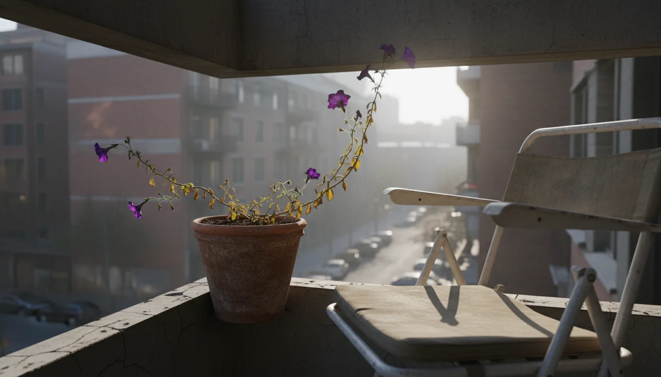 A leggy purple petunia plant in a terracotta pot on a shaded city balcony, displaying stretched stems, abundant foliage, and few faded flowers.