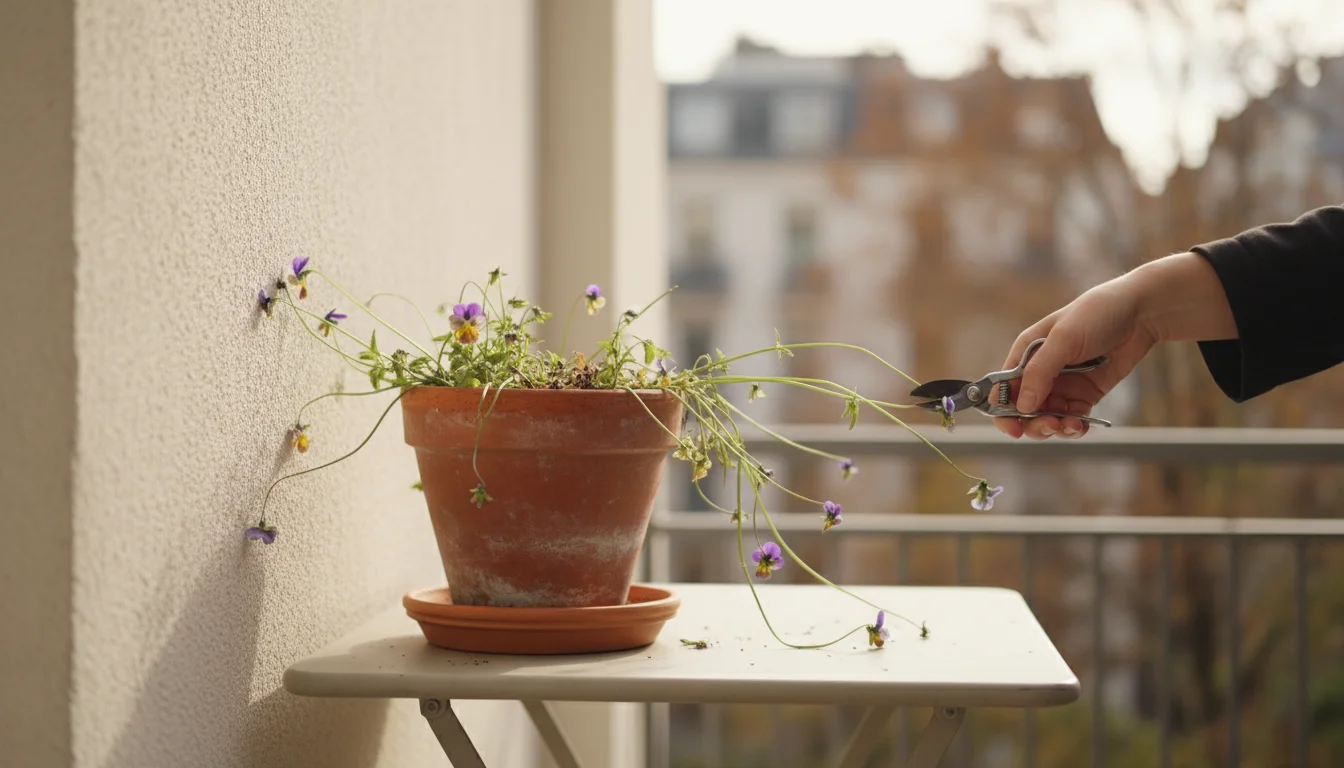 Leggy violas with sparse flowers in a pot on an autumn balcony, with a hand holding pruners ready to trim them.