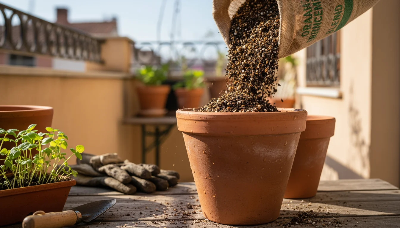 Light, fluffy potting mix with visible perlite cascading into a terracotta pot on a sunny balcony, ready for container planting.