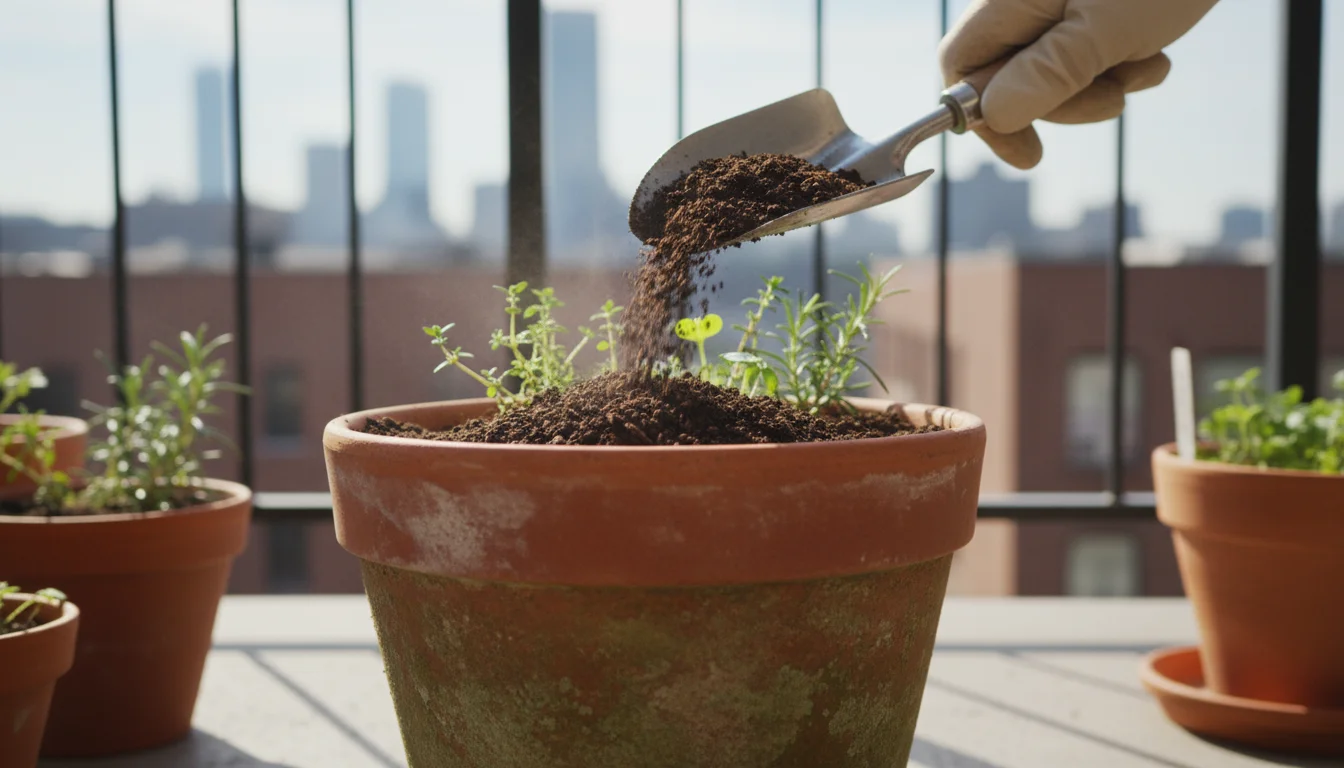 A light-gloved hand adds fresh, dark potting mix to a terracotta pot on a balcony, leaving space below the rim.