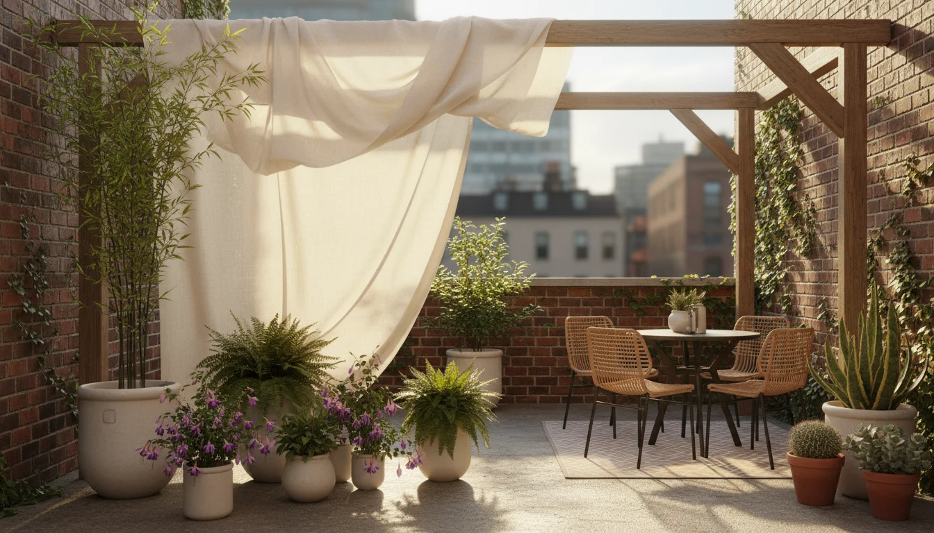 A light linen sheet draped over a simple frame provides cool shade for potted ferns and fuchsias on a sunny urban patio, with lighter colored pots vis