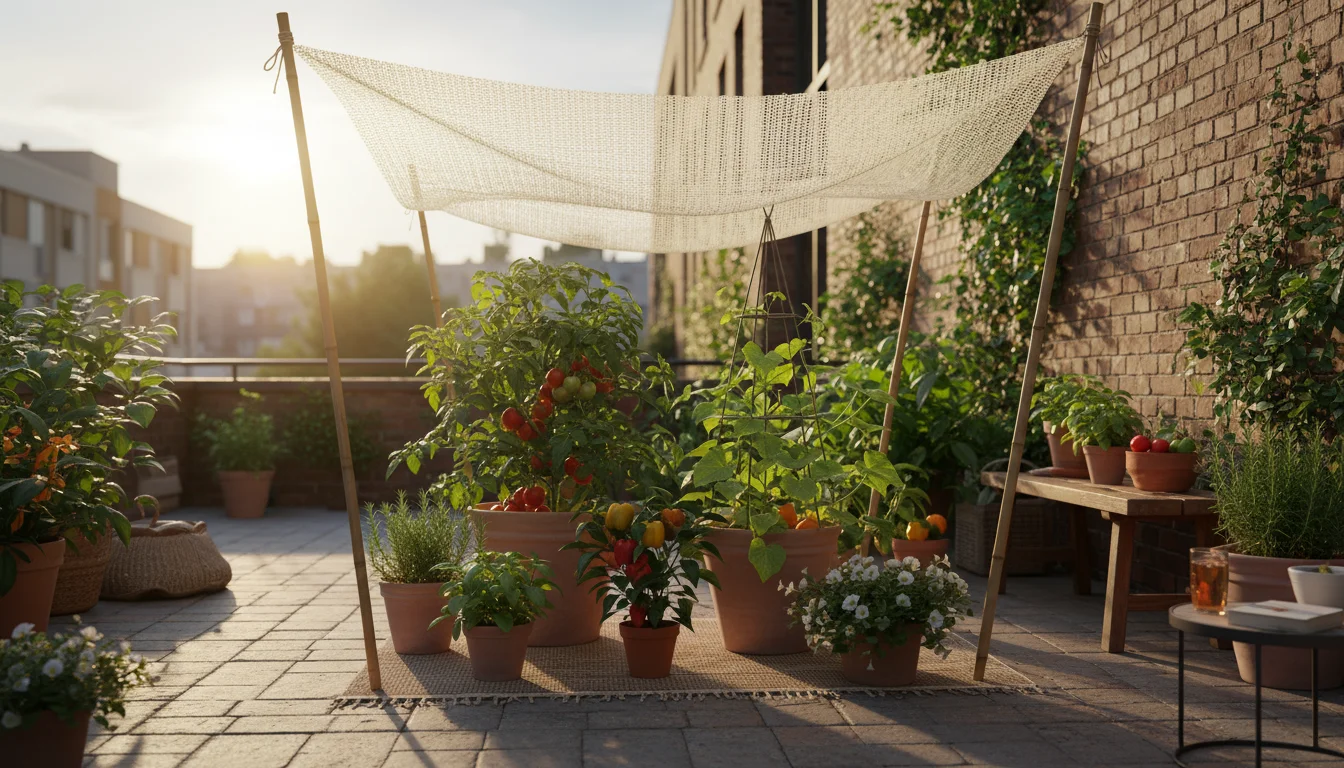 A light shade cloth covers potted tomato, pepper, and cucumber plants on a patio, with other pots nestled against a wall for natural afternoon shade.