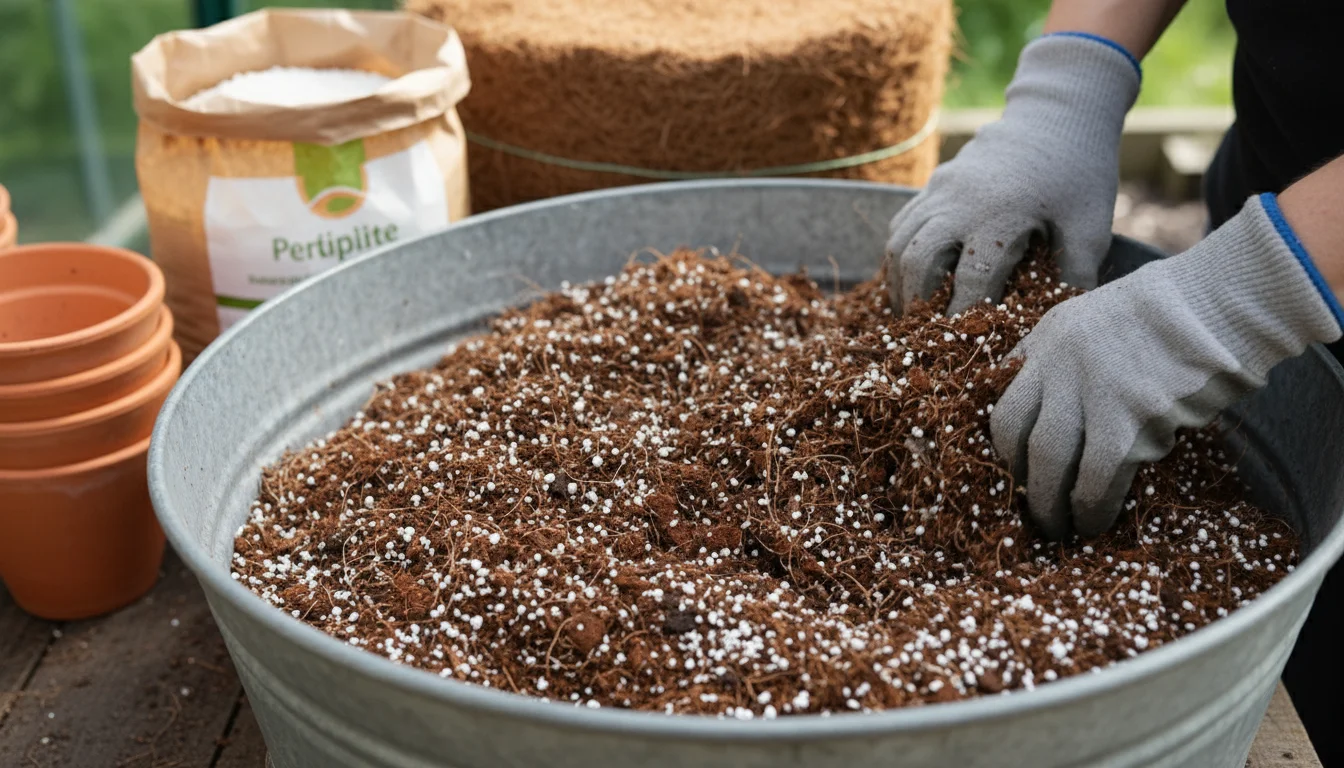 Lightly gloved hands mixing a blend of potting mix, perlite, and coco coir in a galvanized metal tub.
